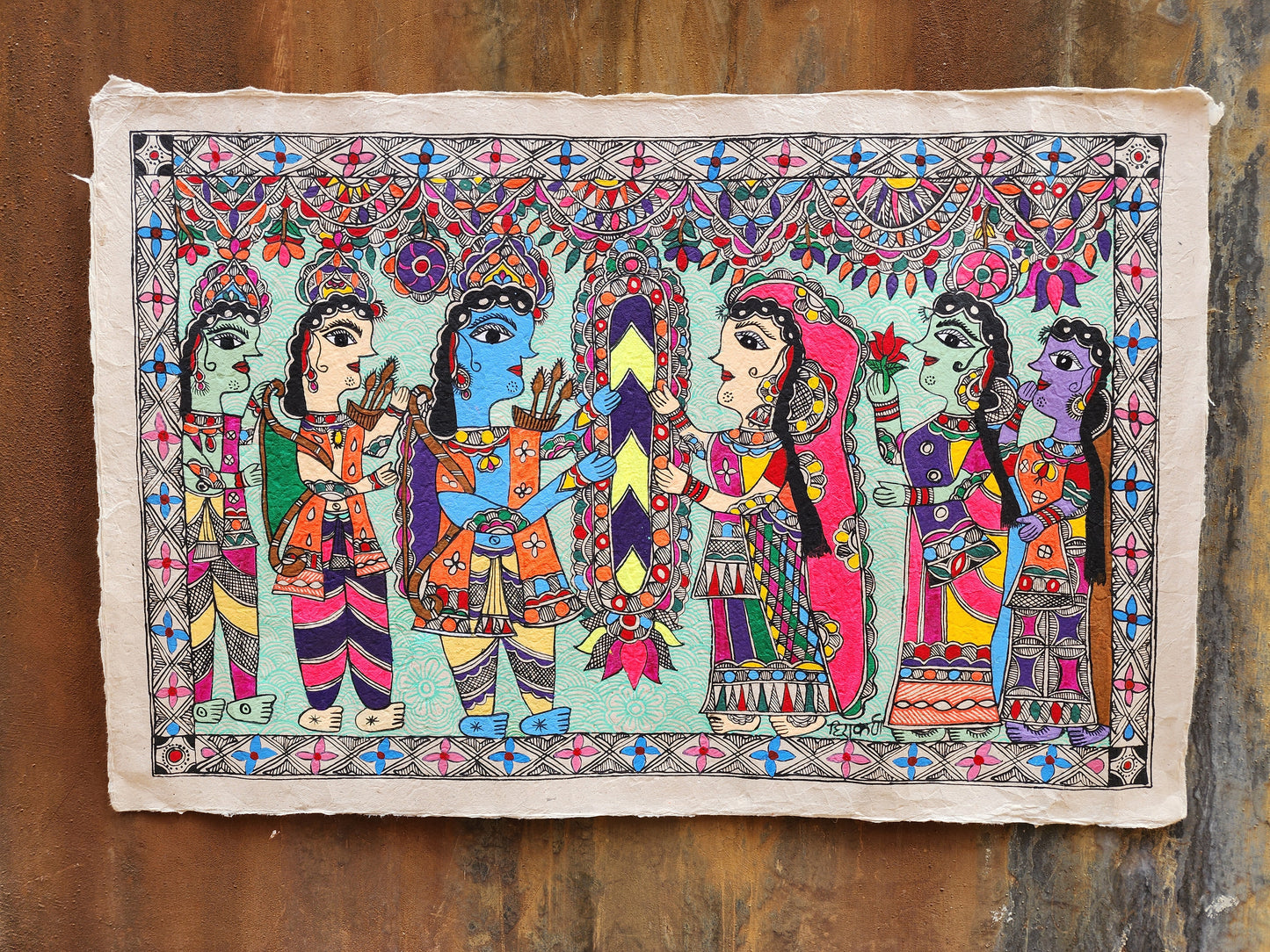 Original Large Mithila (Madhubani) Artwork: Ram and Sita Engagement Ceremony