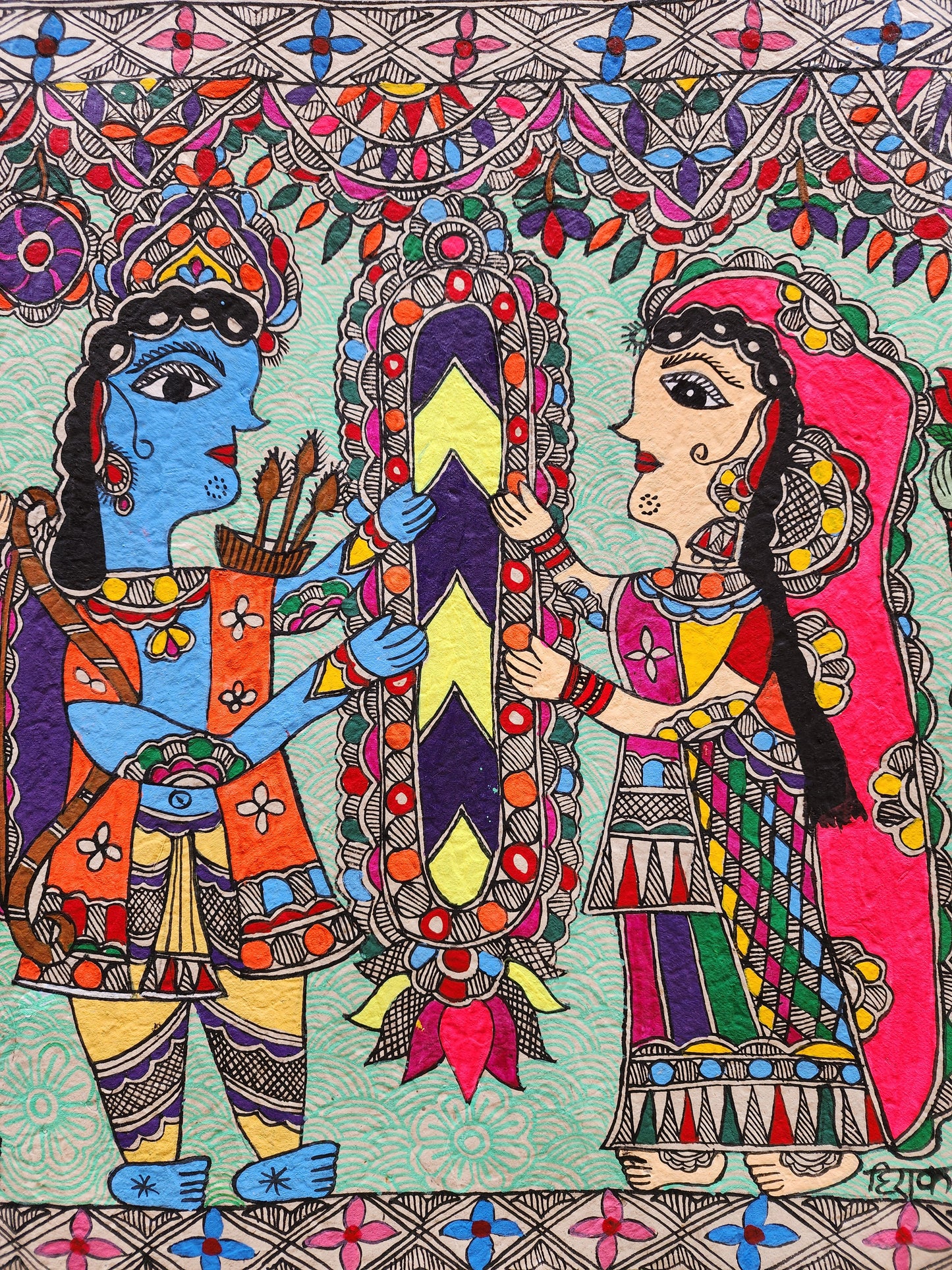 Original Large Mithila (Madhubani) Artwork: Ram and Sita Engagement Ceremony