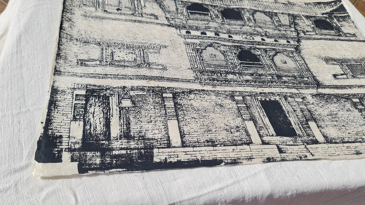Large Unframed Art print, Silk Screen Printed on Nepali Lokta Paper, Traditional Nepali house, Monotone.