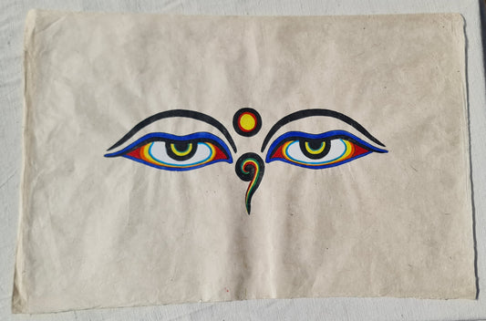 Large Unframed Art print, Buddha's Eyes. Silk Screen Printed on Nepali Lokta Paper.