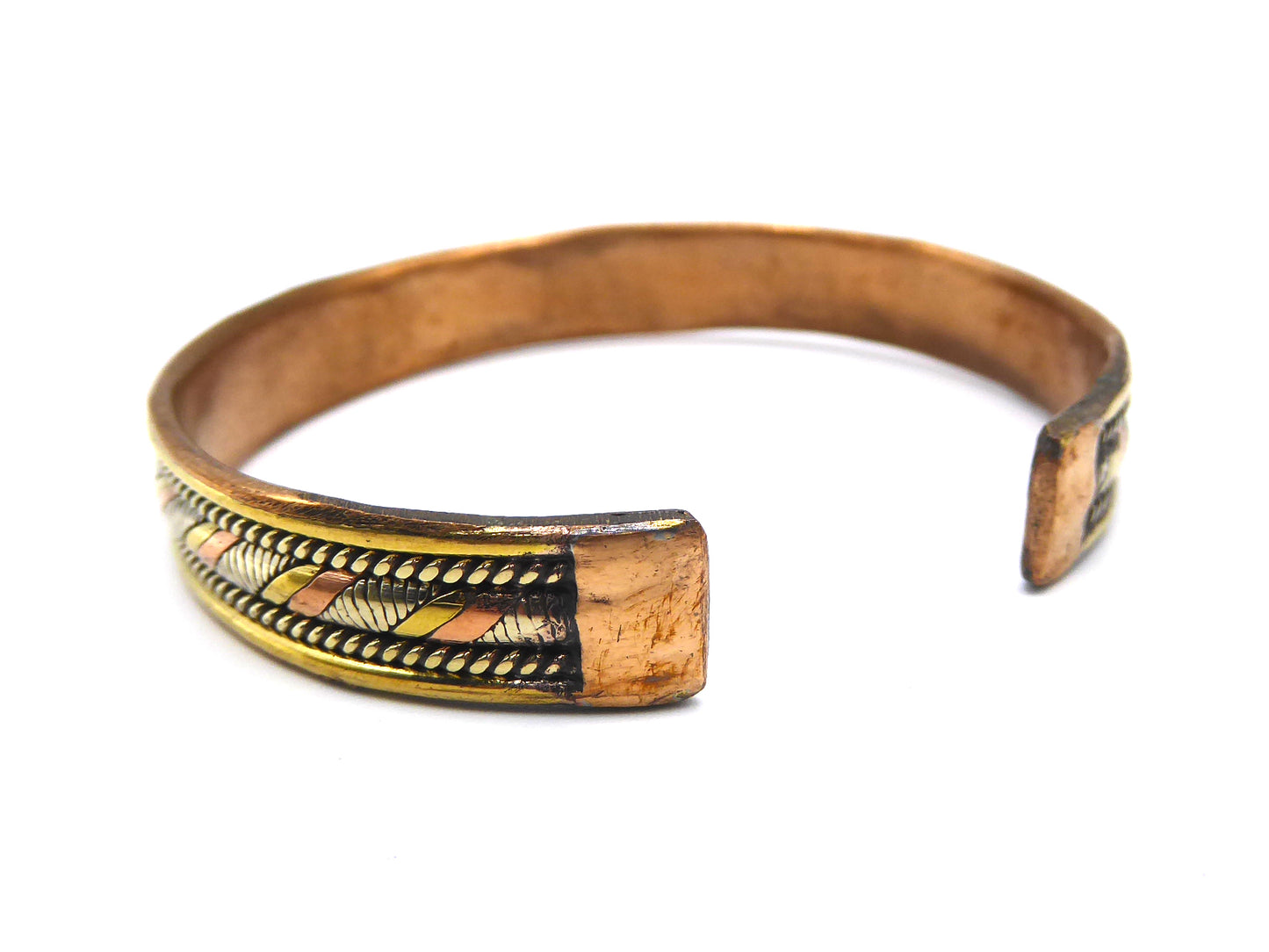 Handmade Tri Metal Twist Cuff; Brass, White Metal and Copper