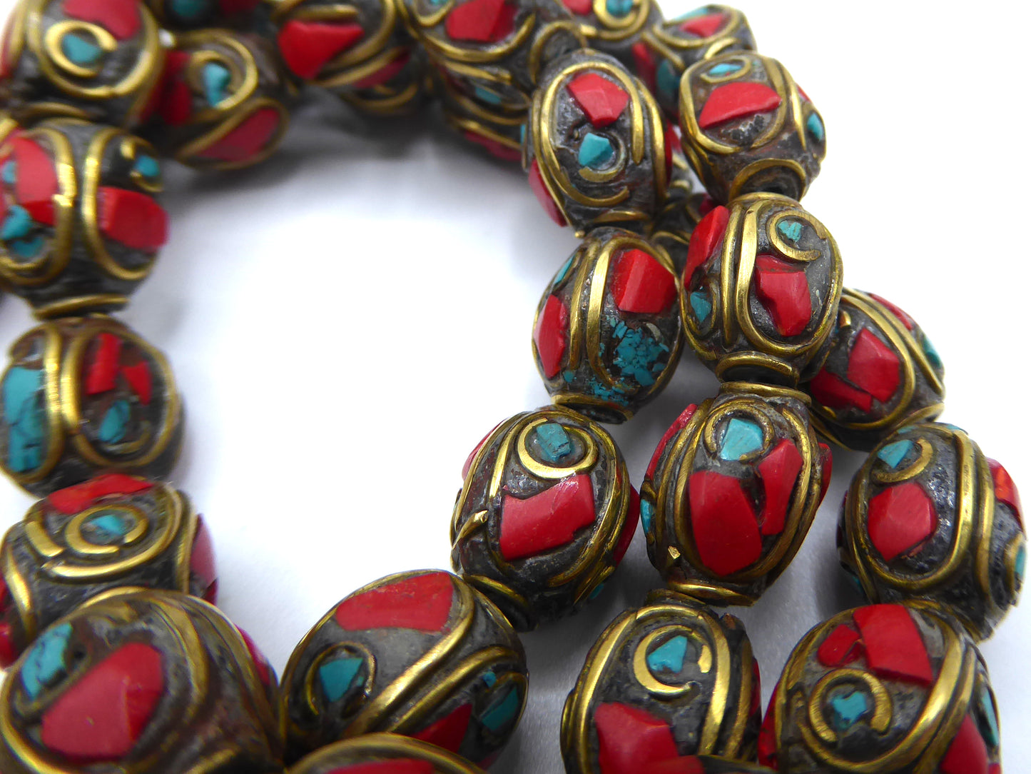 Tibetan Turquoise and Coral Inlaid Brass Beads, Oval Shaped