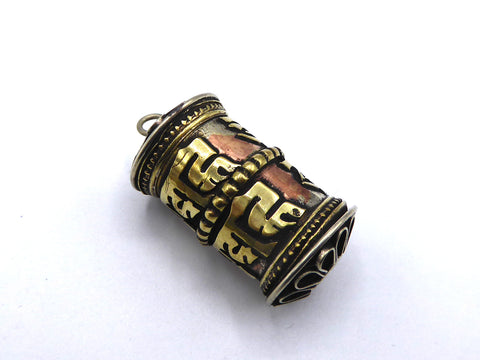 Brass and Copper Om Mani Padme Hum Pendant, Prayer Wheel Shaped