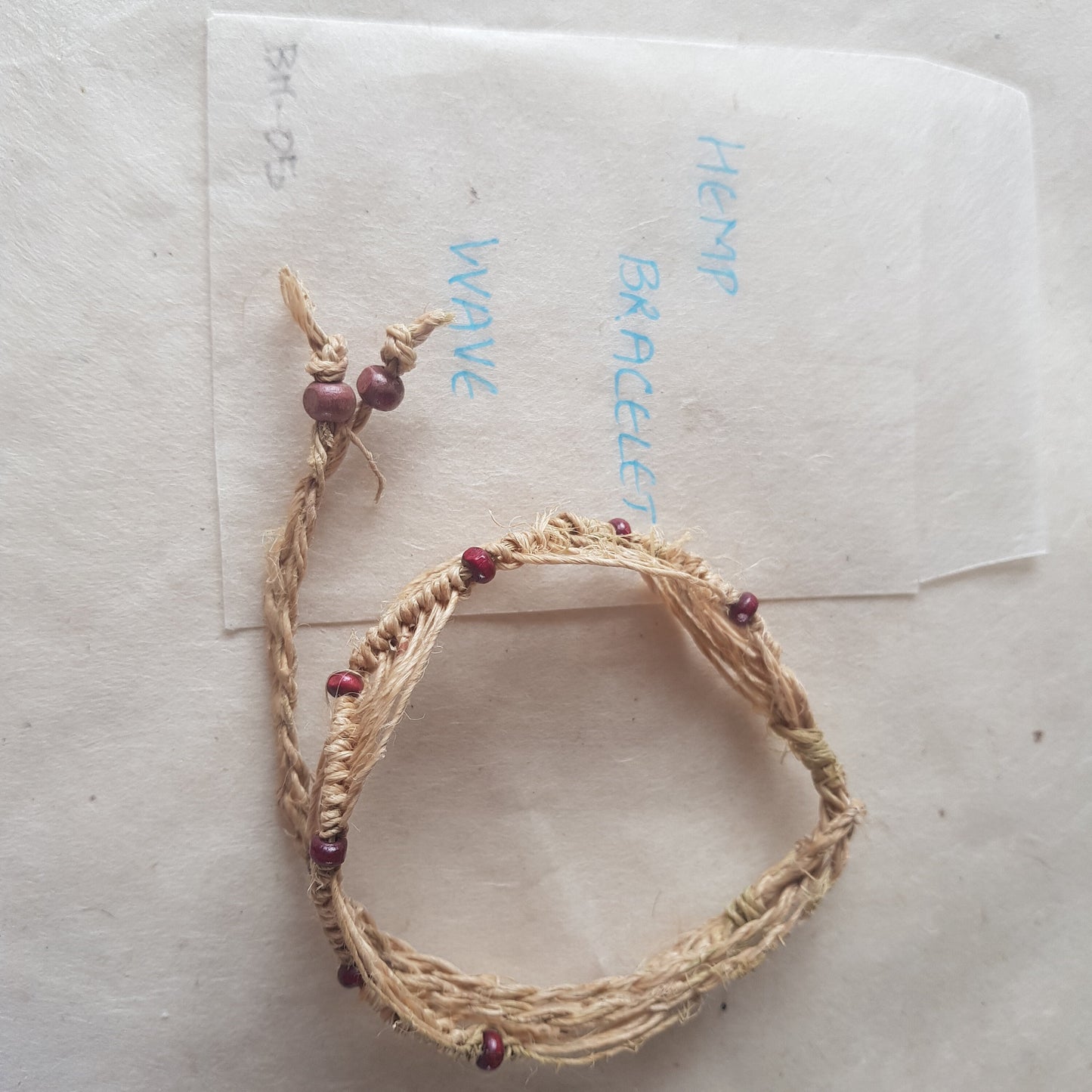 Natural Hemp beaded bracelet; Wave Style with wooden beads.