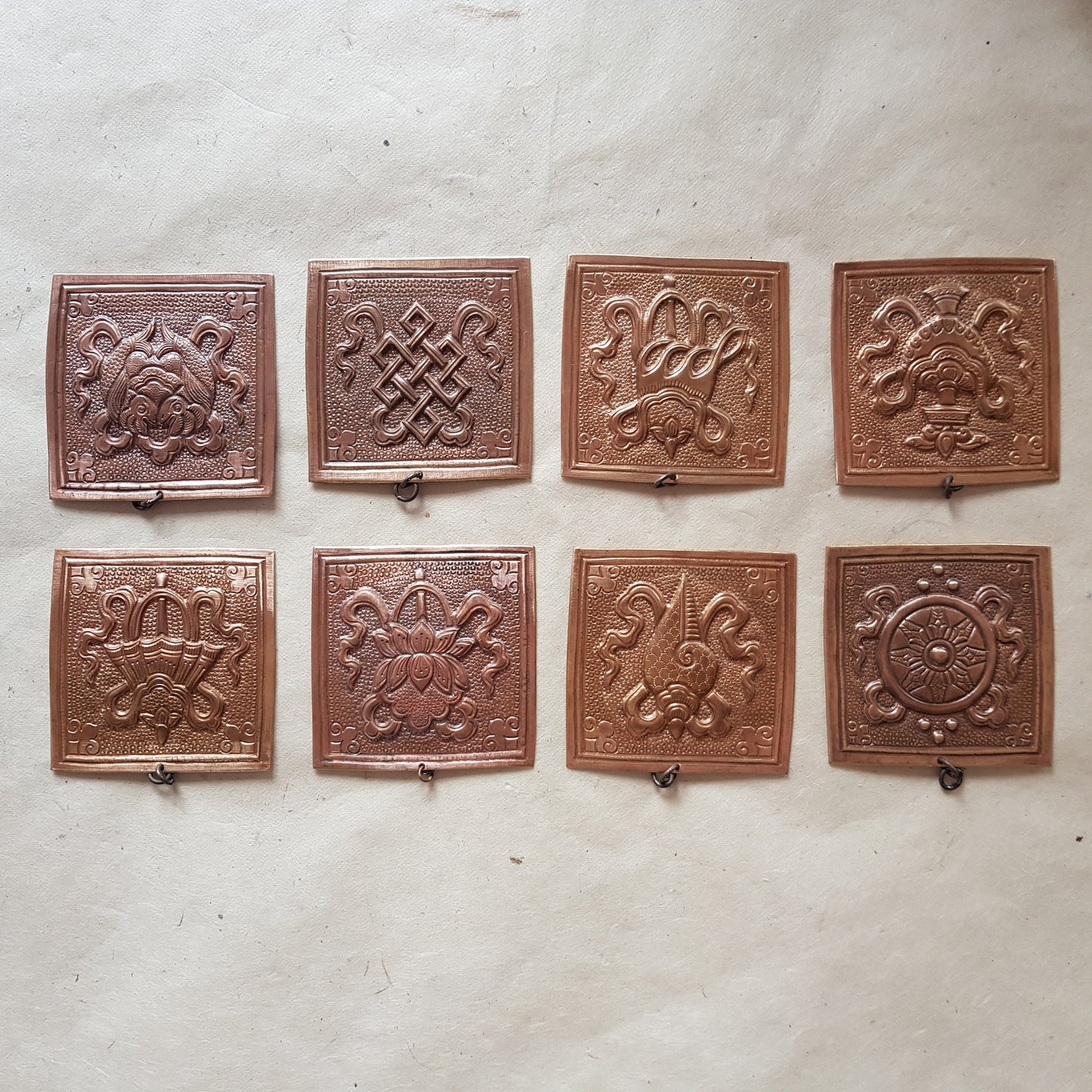 Copper Asthamangala Wall Hanging, Eight Auspicious Tibetan Buddhist Symbols (small)