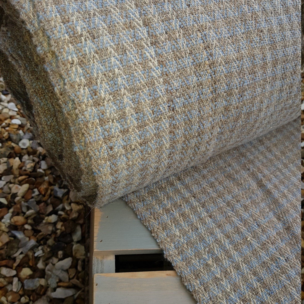 Himalayan Nettle & New Zealand Wool Fabric., Herringbone; Cream with Blue/Natural stripe.