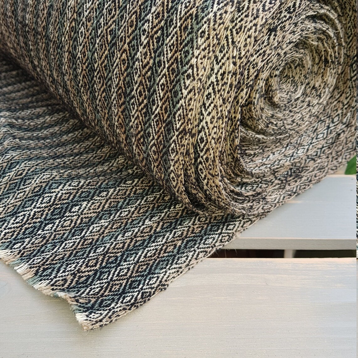 Nettle & Wool Fabric. Diamond Twill; Teal, Tan & Natural.