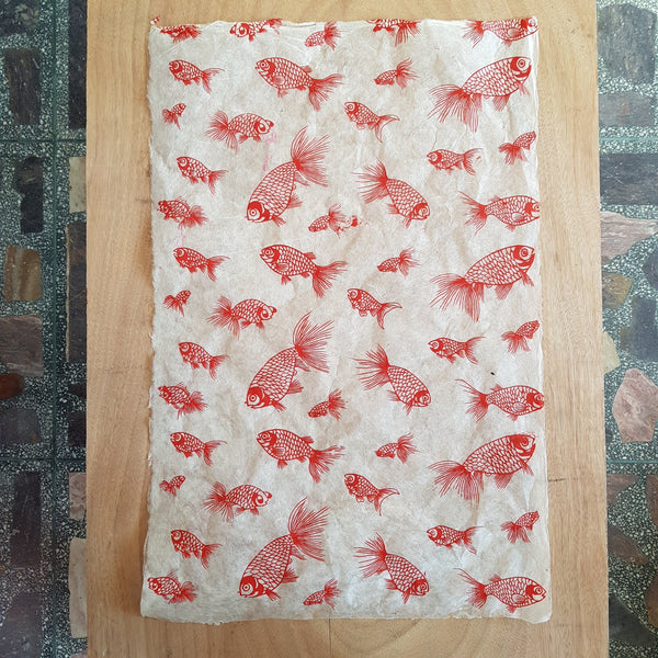 Red Tropical Goldfish Print on Hemp Tissue Paper