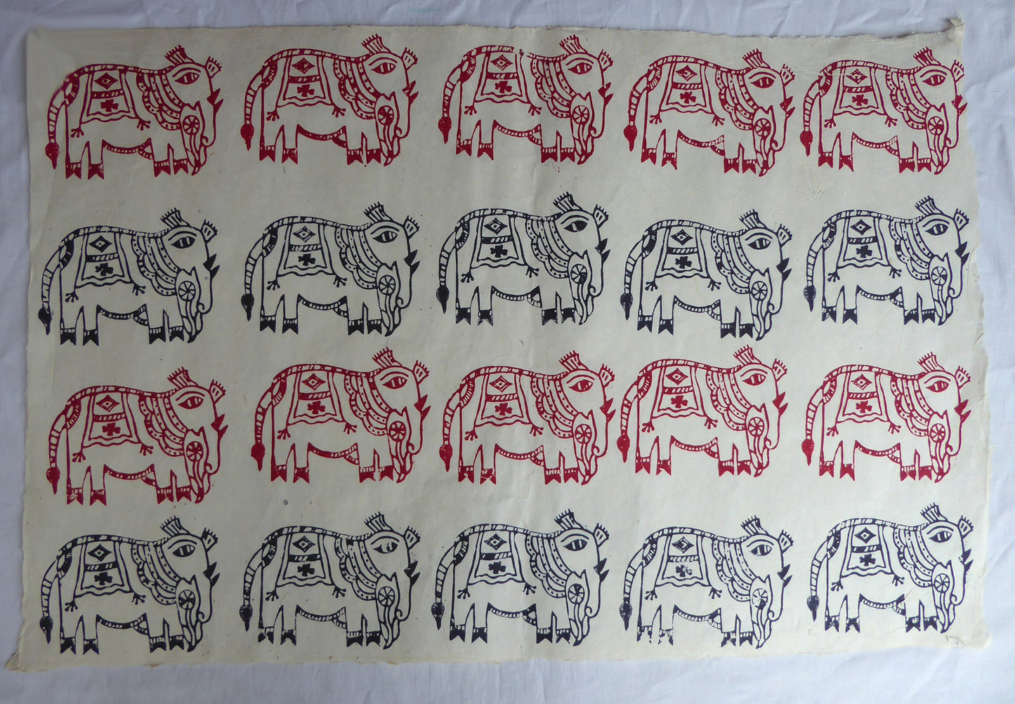 Mithila Elephants Block Printed on Lokta Paper, Handmade, Tree Free & Sustainable