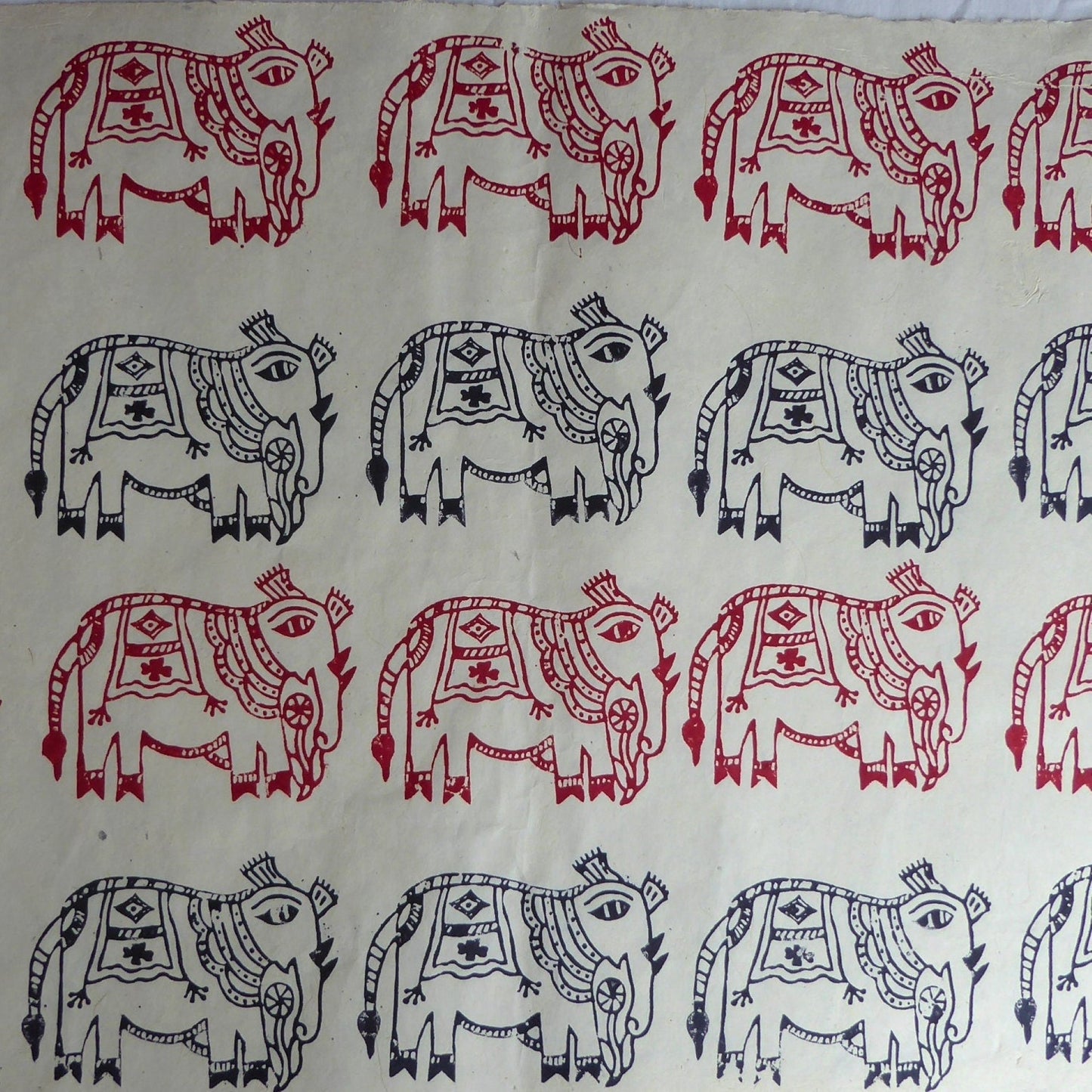Mithila Elephants Block Printed on Lokta Paper, Handmade, Tree Free & Sustainable