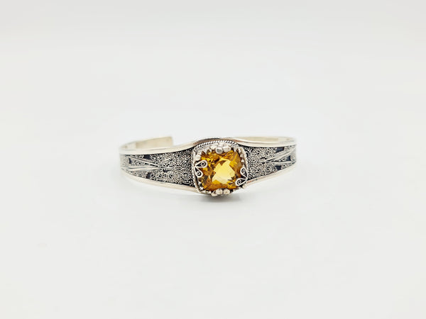 Handmade 925 Sterling Silver Cuff/Bracelet with Cut Citrine Gemstone; ''Surya''