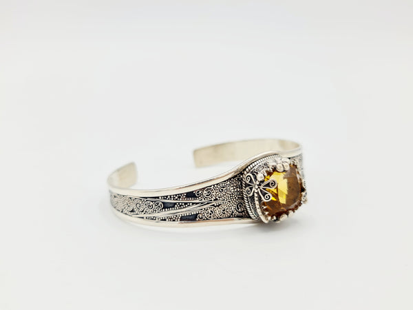 Handmade 925 Sterling Silver Cuff/Bracelet with Cut Citrine Gemstone; ''Surya''