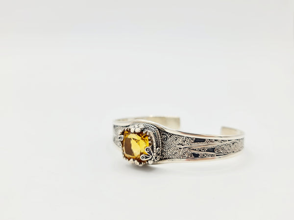 Handmade 925 Sterling Silver Cuff/Bracelet with Cut Citrine Gemstone; ''Surya''