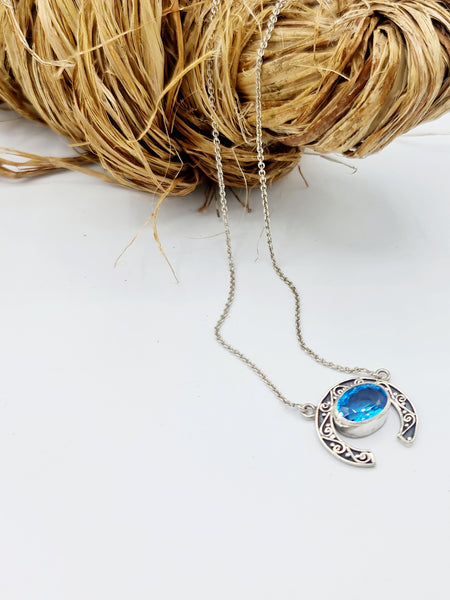 Handmade 925 Sterling Silver Blue Topaz Horse Shoe Shaped Pendant