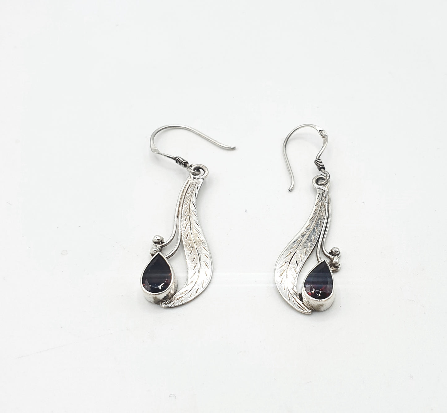 Handmade 925 Sterling Silver Garnet Earrings; Leaf design