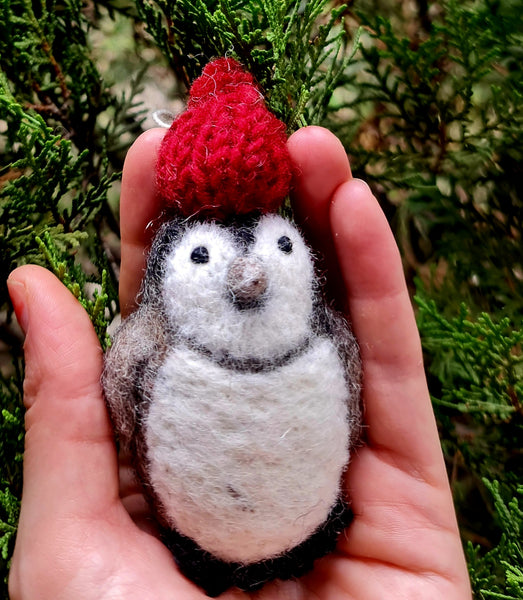 Penny the Penguin, Needle felted with Hanging Thread.