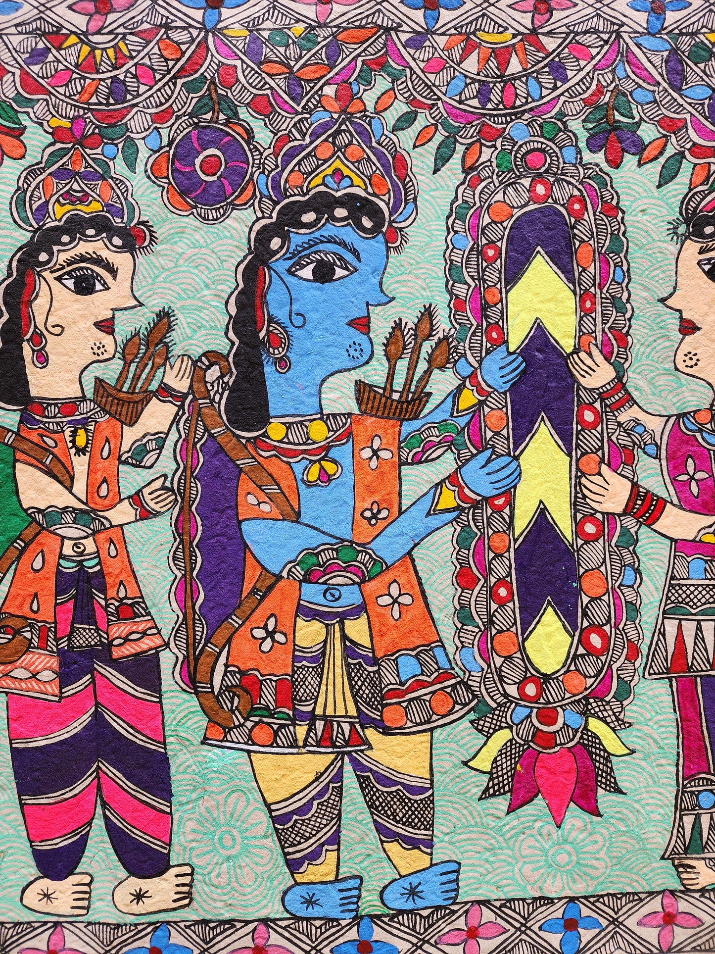 Original Large Mithila (Madhubani) Artwork: Ram and Sita Engagement Ceremony