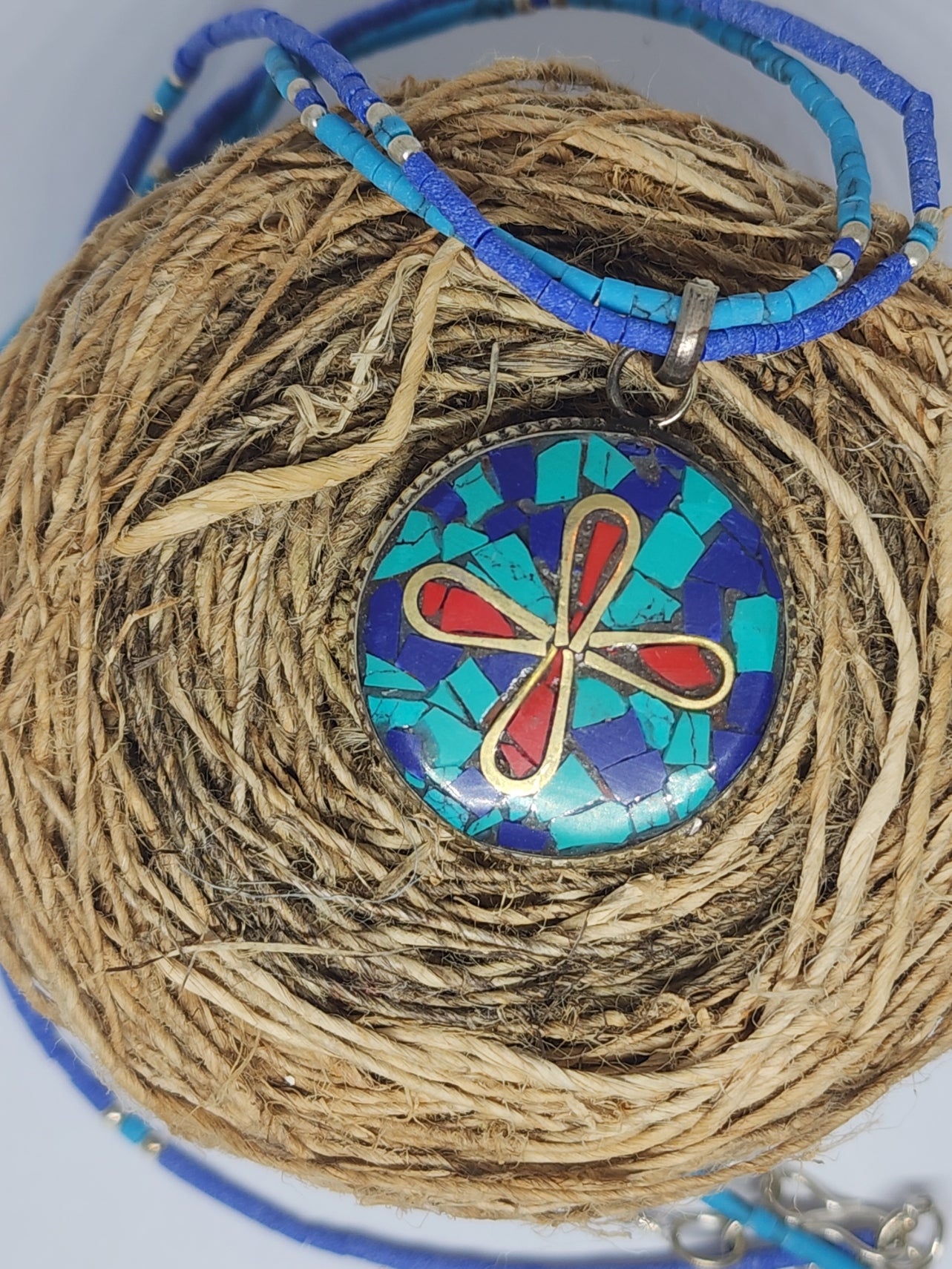 Handmade Turquoise, Lapis Lazuli & Coral Inlaid Pendant Necklace, White Metal
