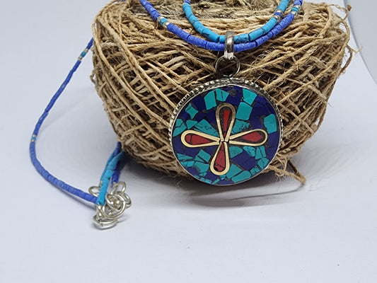 Handmade Turquoise, Lapis Lazuli & Coral Inlaid Pendant Necklace, White Metal