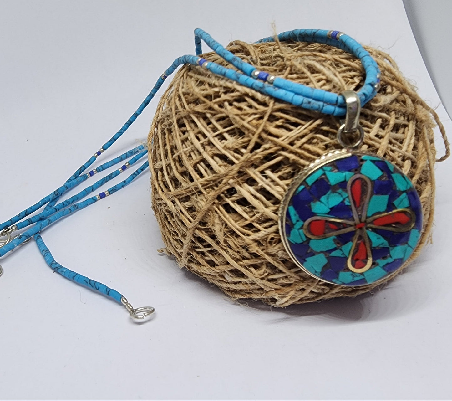 Handmade Turquoise, Lapis Lazuli & Coral Inlaid Pendant Necklace, White Metal