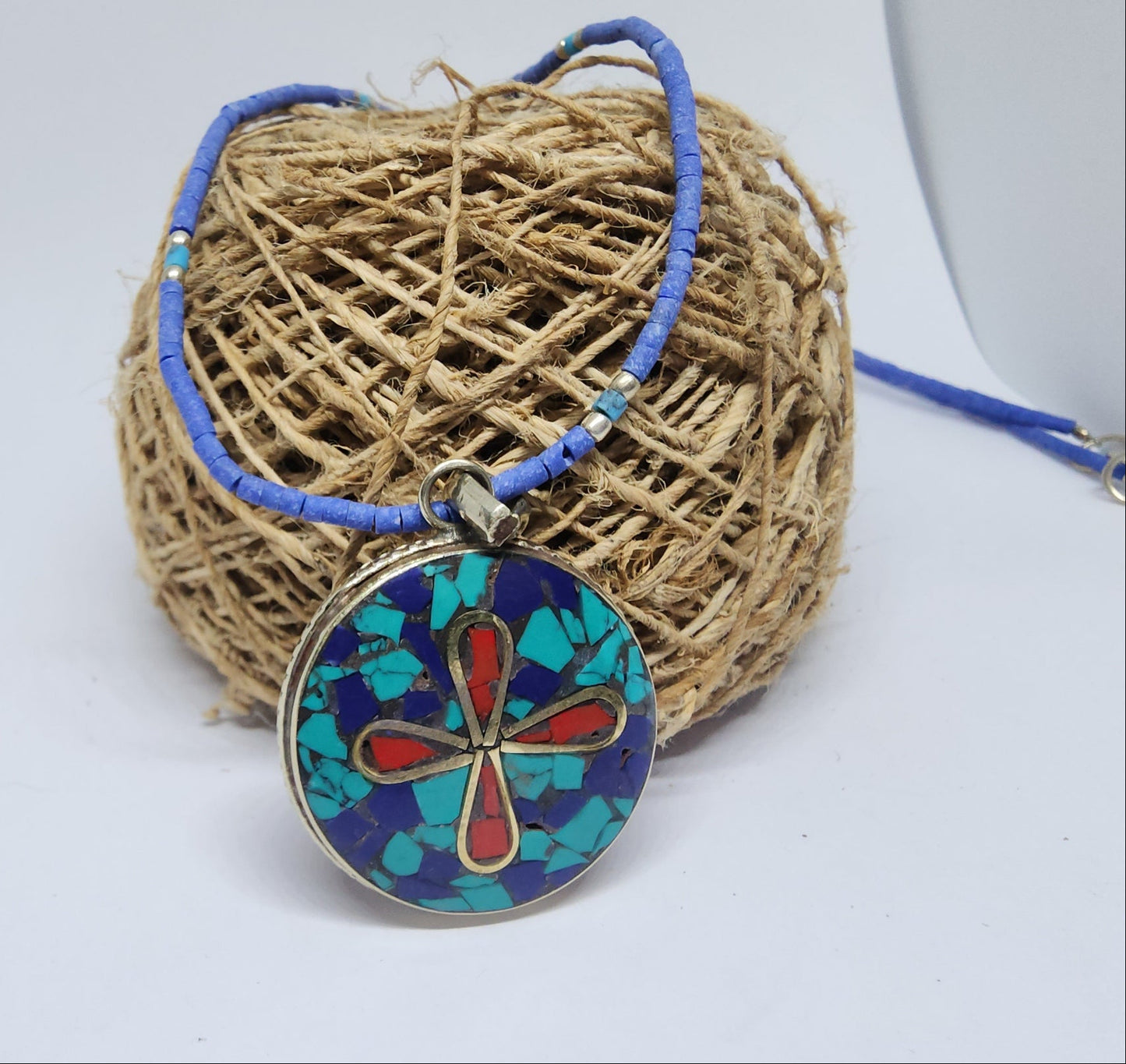 Handmade Turquoise, Lapis Lazuli & Coral Inlaid Pendant Necklace, White Metal
