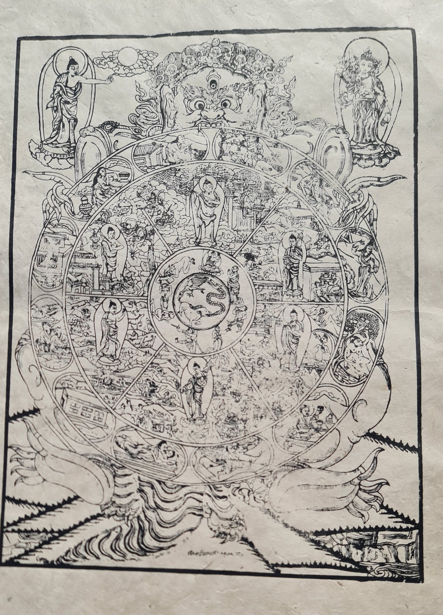 Large Unframed Art print, 'Wheel of Life' Thangka, Silk Screen Printed on Nepali Lokta Paper.