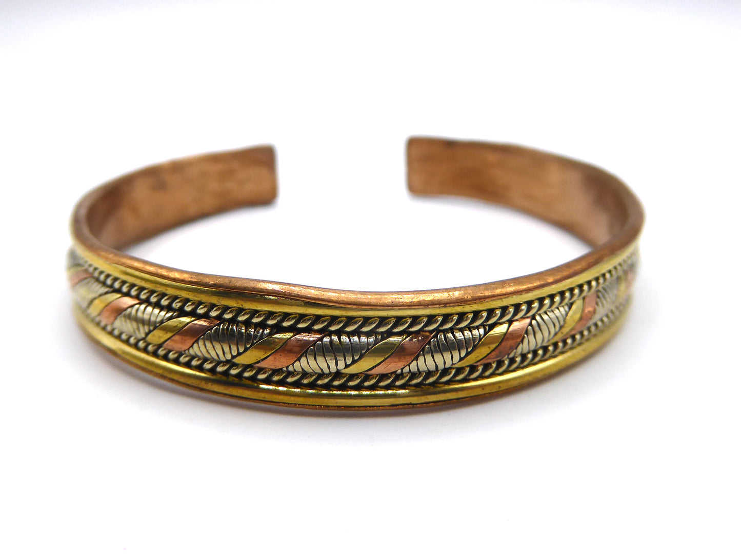 Handmade Tri Metal Twist Cuff; Brass, White Metal and Copper