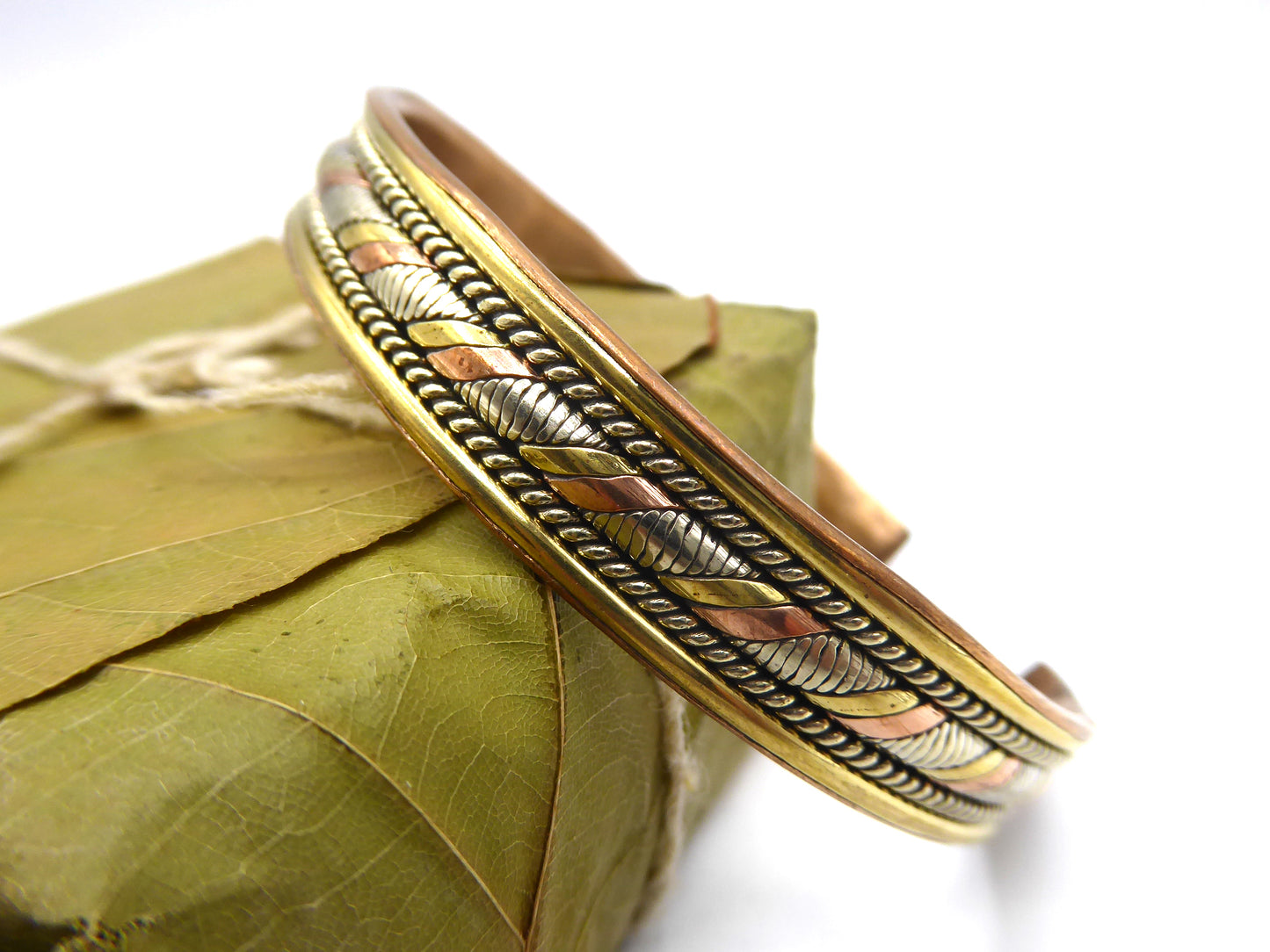 Handmade Tri Metal Twist Cuff; Brass, White Metal and Copper