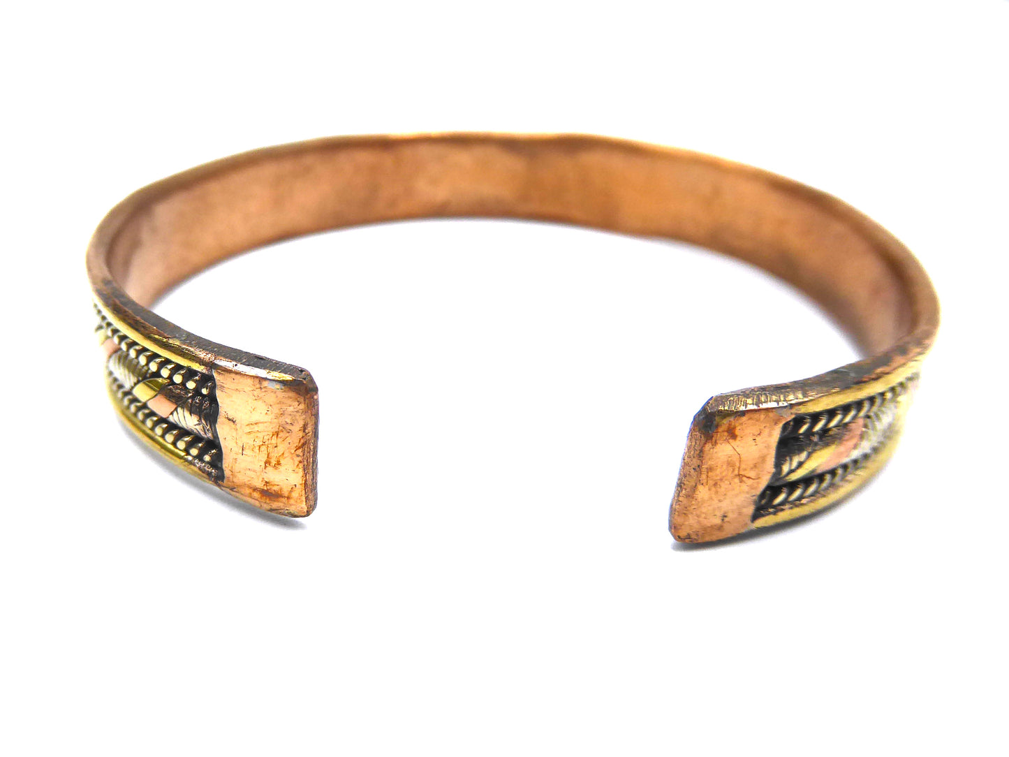 Handmade Tri Metal Twist Cuff; Brass, White Metal and Copper