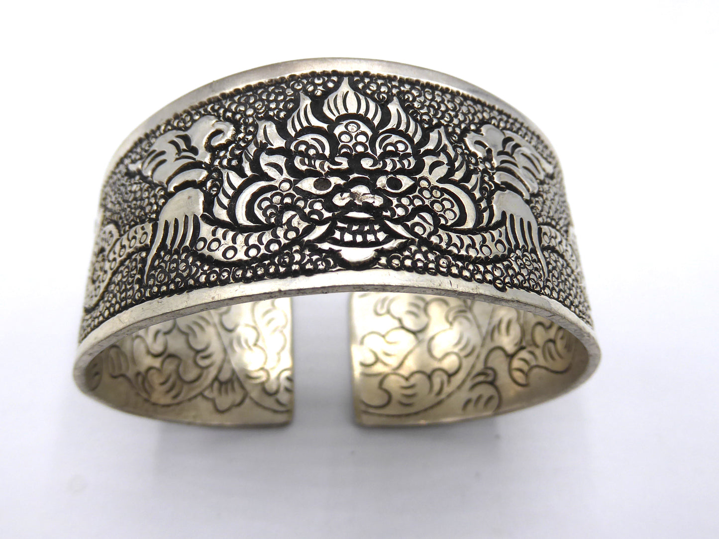 Chunky White Metal Cuff; Tibetan Dragon
