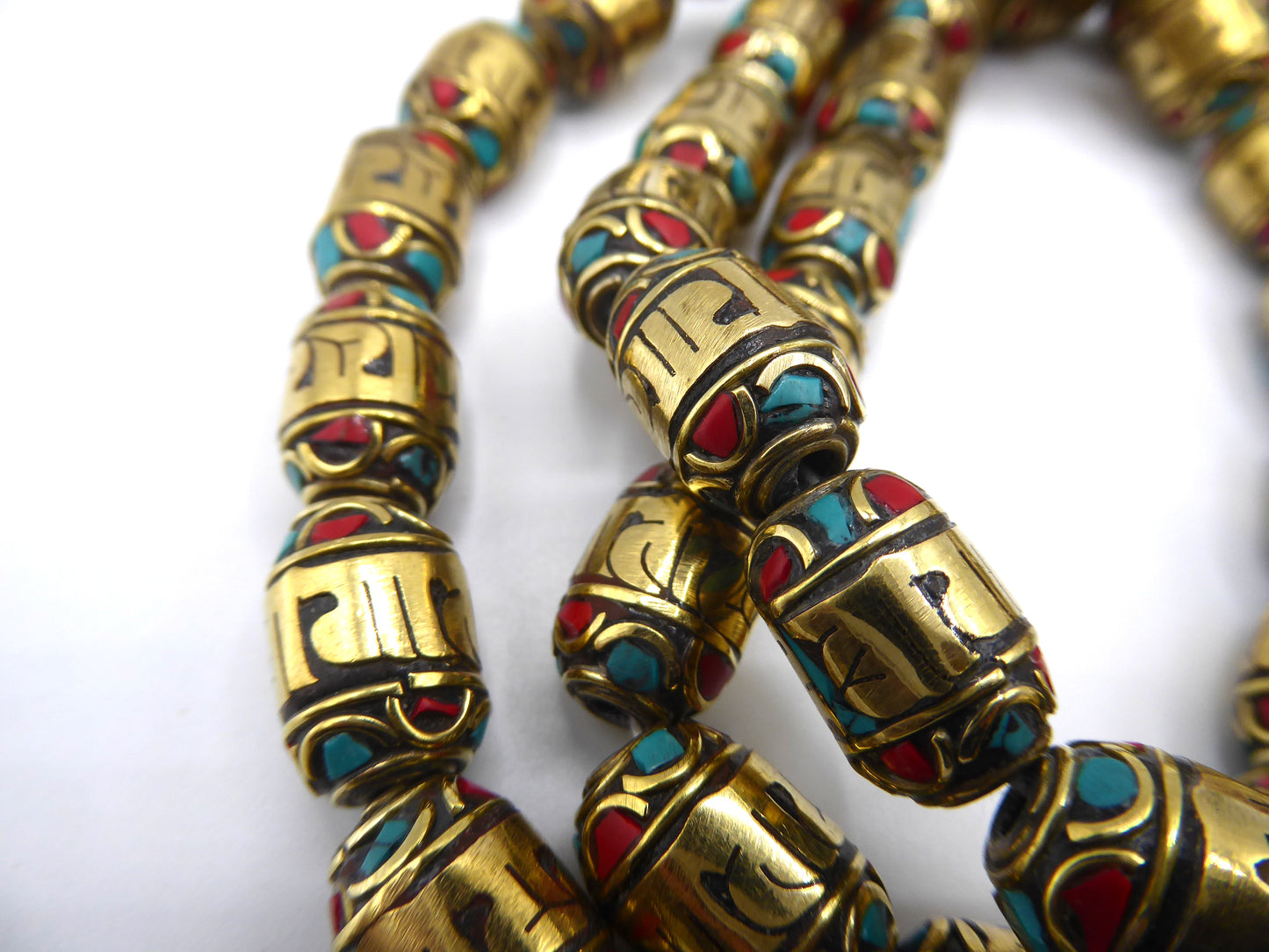 Tibetan Turquoise and Coral Inlaid Brass Beads