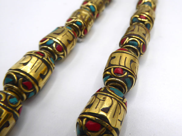 Tibetan Turquoise and Coral Inlaid Brass Beads