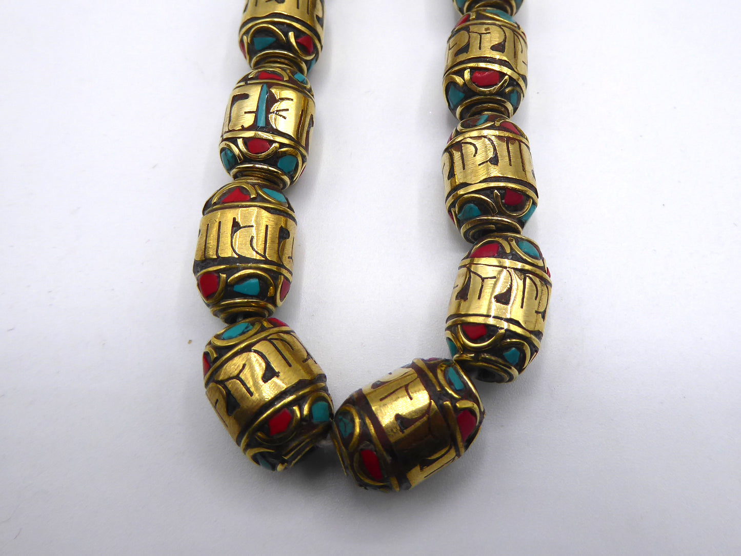 Tibetan Turquoise and Coral Inlaid Brass Beads