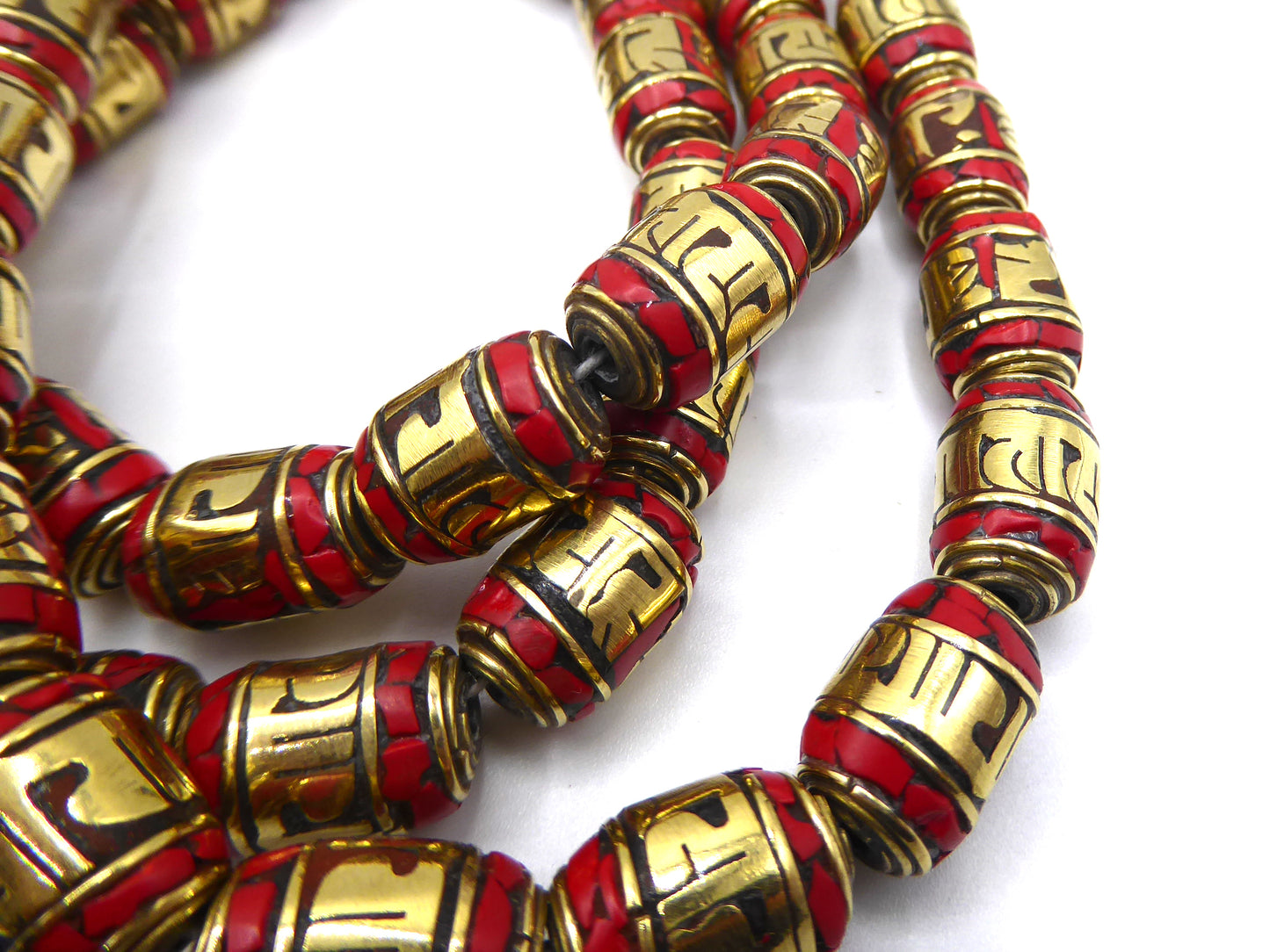 Tibetan Turquoise and Coral Inlaid Brass Beads