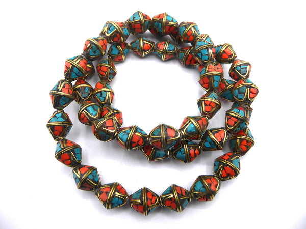 Tibetan Turquoise and Coral Inlaid Brass Beads, Diamond Shaped