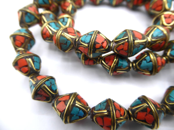 Tibetan Turquoise and Coral Inlaid Brass Beads, Diamond Shaped