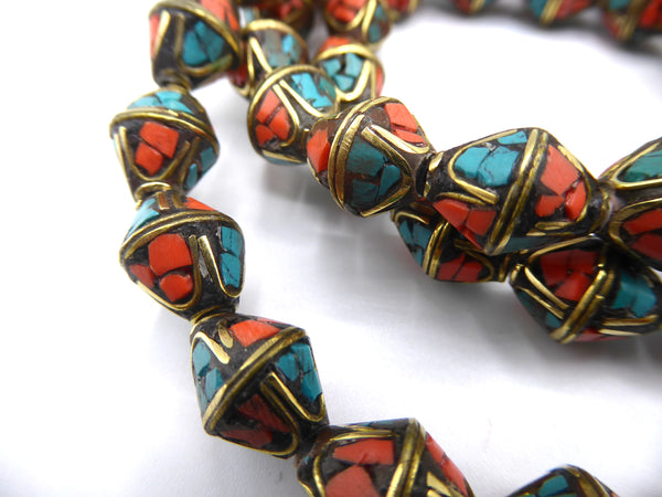 Tibetan Turquoise and Coral Inlaid Brass Beads, Diamond Shaped