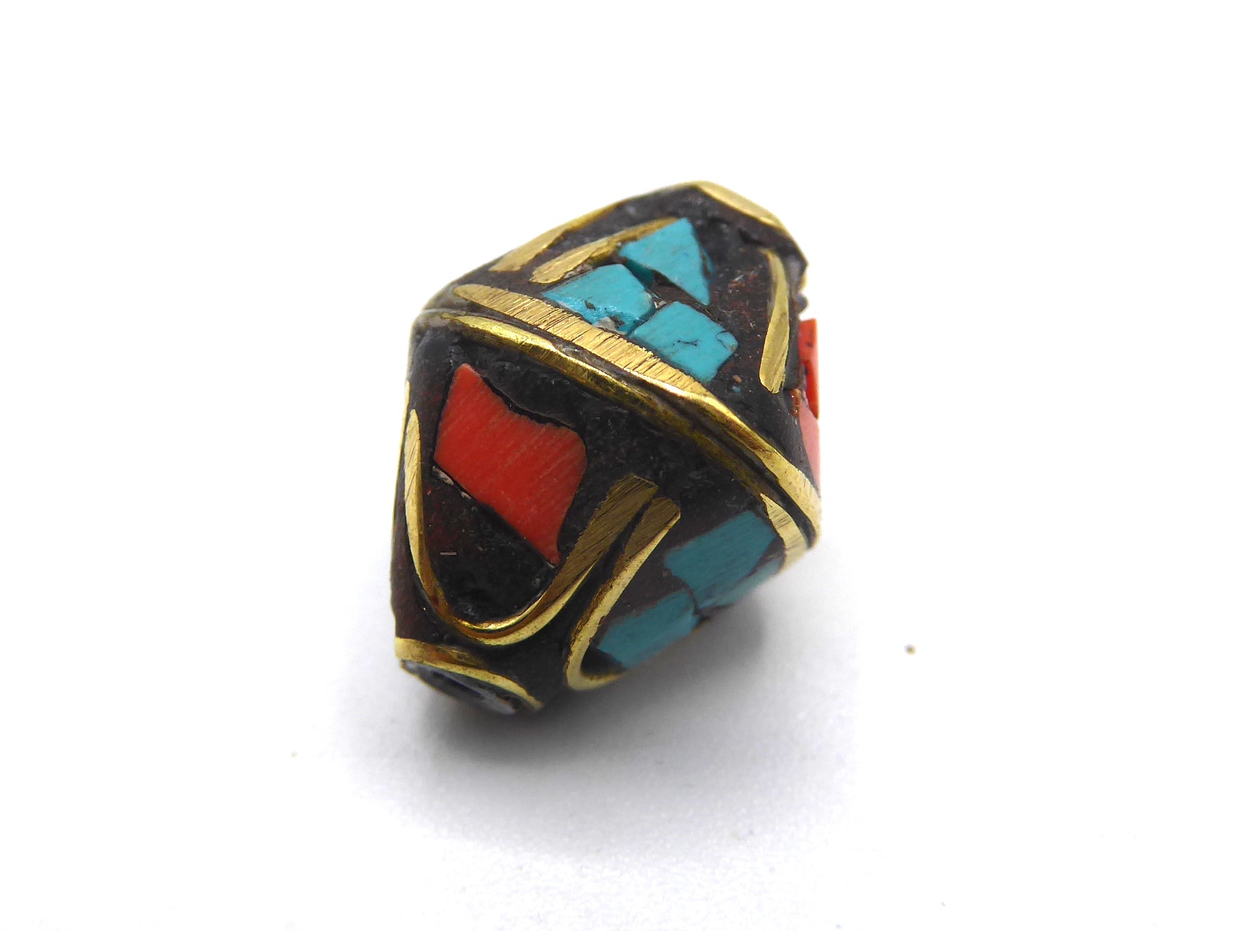 Tibetan Turquoise and Coral Inlaid Brass Beads, Diamond Shaped