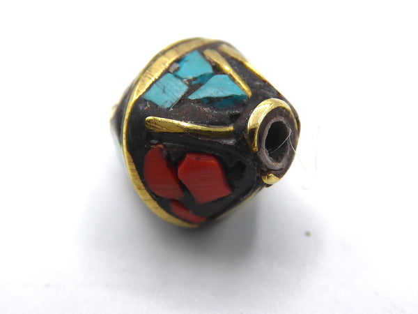 Tibetan Turquoise and Coral Inlaid Brass Beads, Diamond Shaped