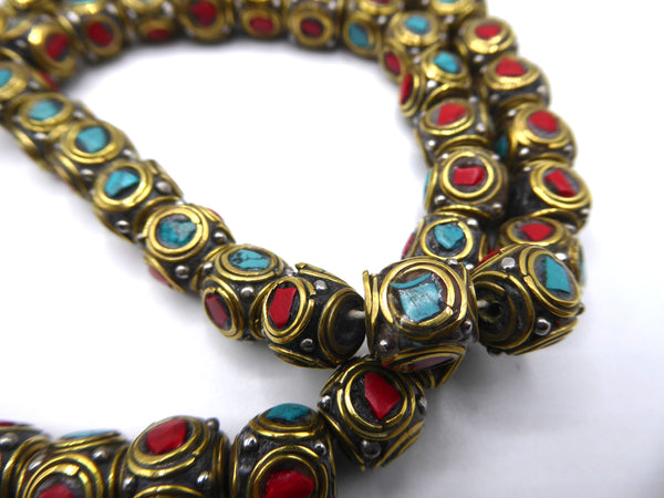 Tibetan Turquoise and Coral Inlaid Brass Beads, Cube Shaped