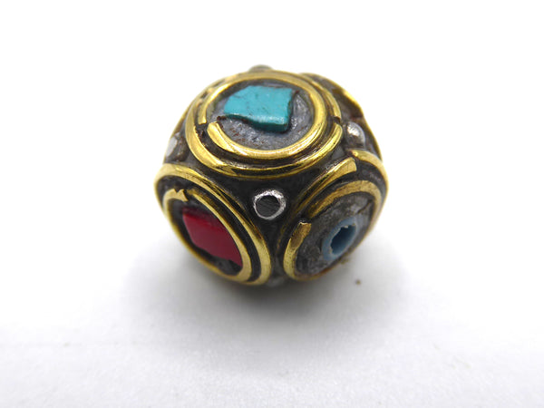 Tibetan Turquoise and Coral Inlaid Brass Beads, Cube Shaped