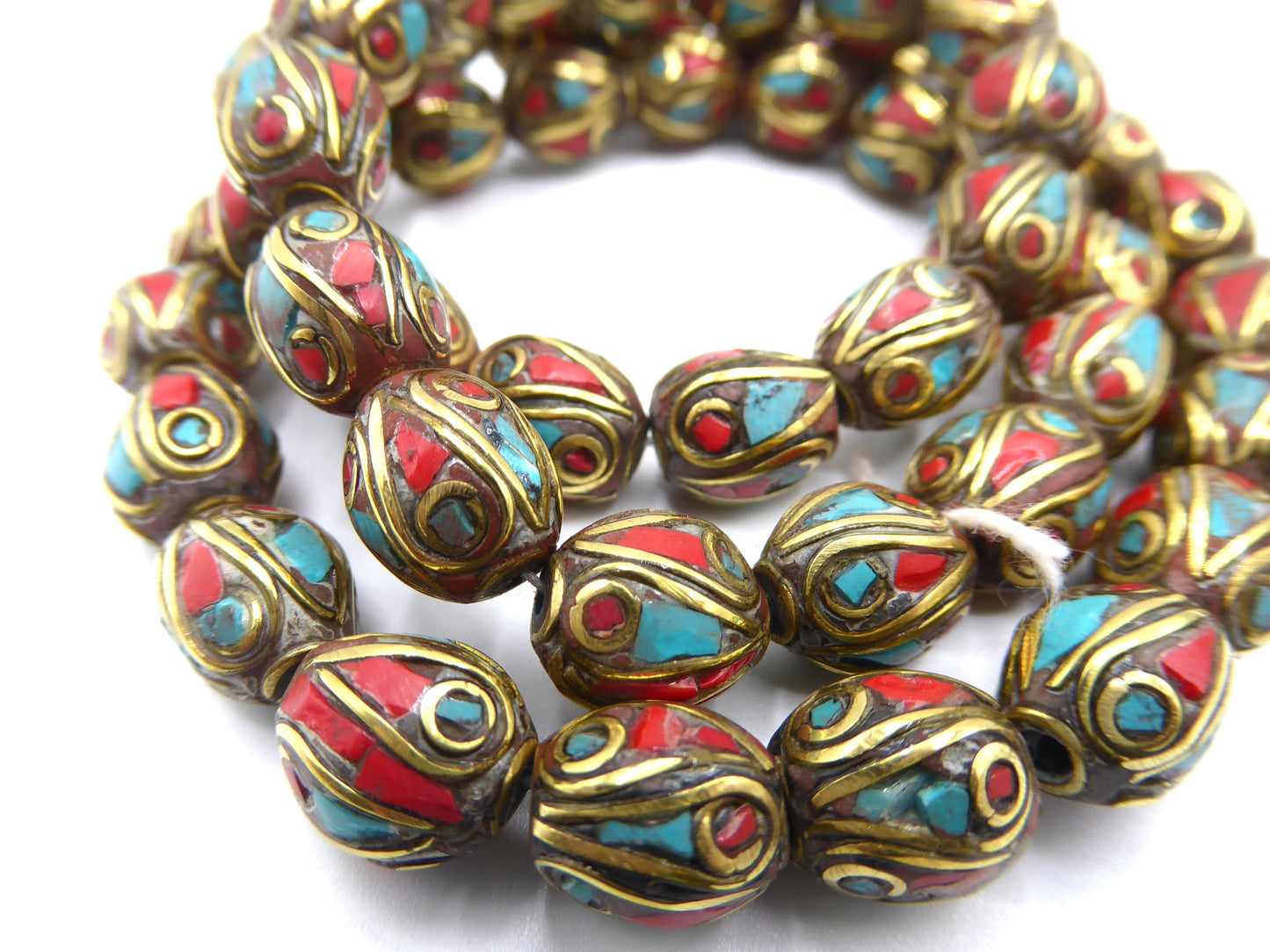 Tibetan Turquoise and Coral Inlaid Brass Beads, Oval Shaped