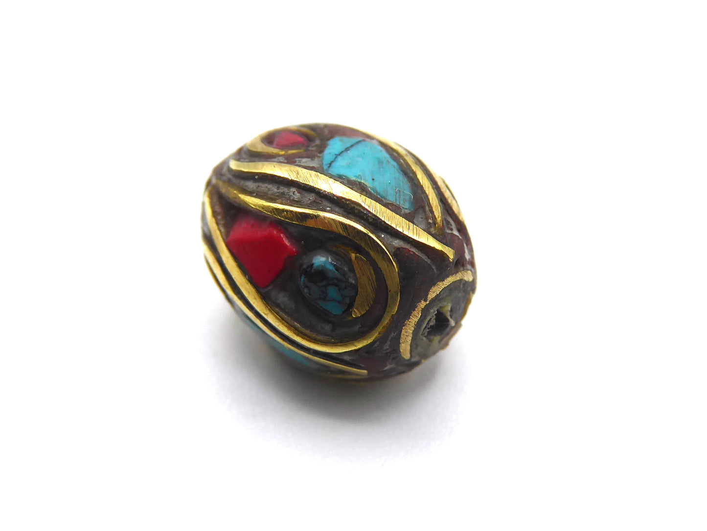 Tibetan Turquoise and Coral Inlaid Brass Beads, Oval Shaped