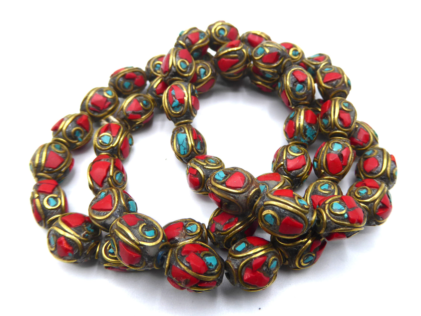 Tibetan Turquoise and Coral Inlaid Brass Beads, Oval Shaped