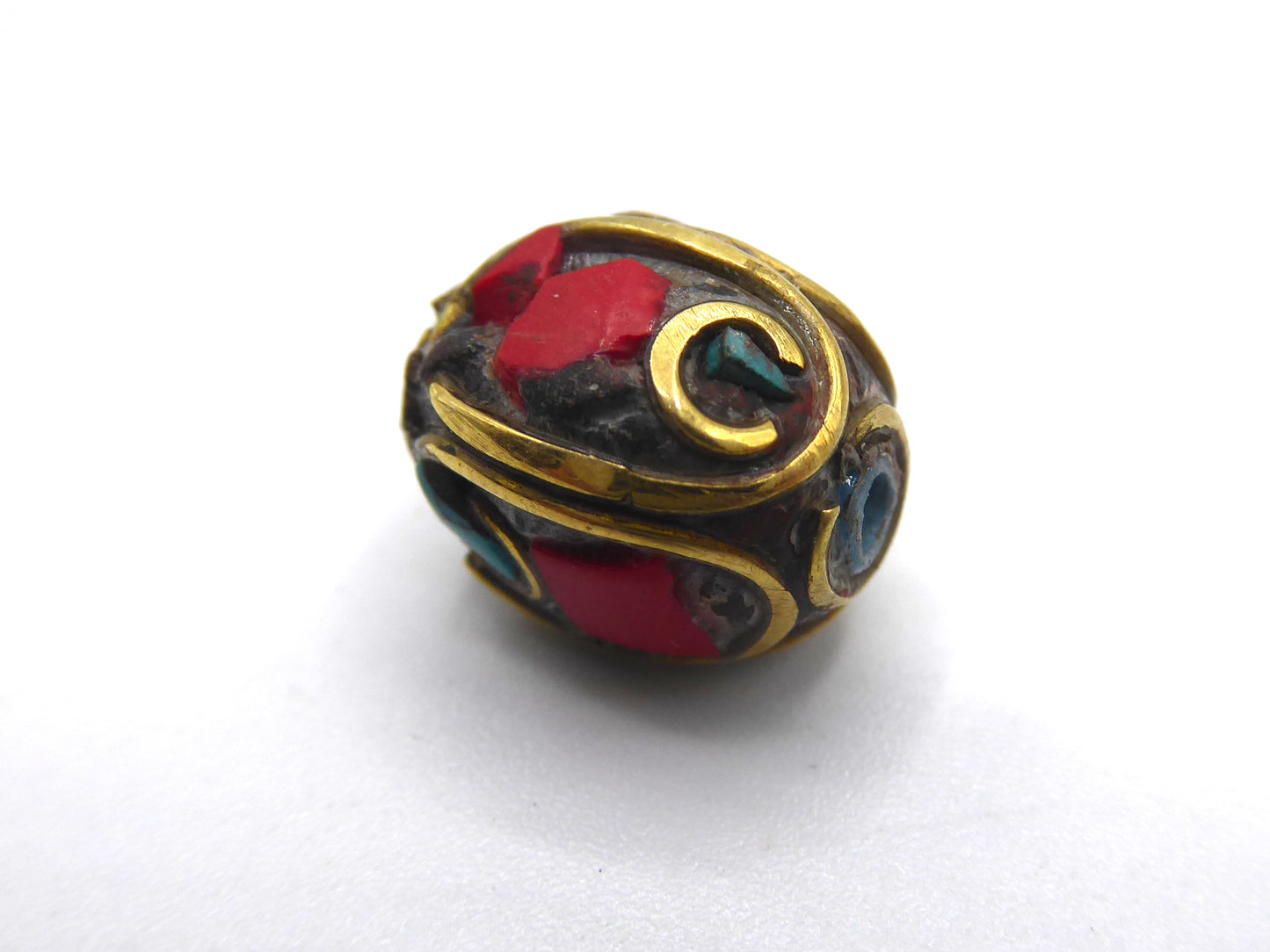 Tibetan Turquoise and Coral Inlaid Brass Beads, Oval Shaped