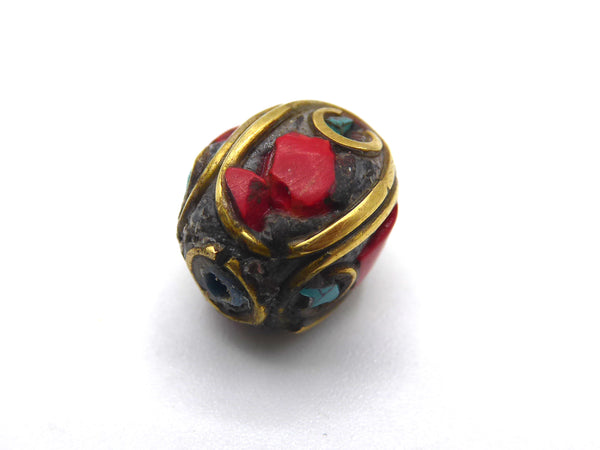 Tibetan Turquoise and Coral Inlaid Brass Beads, Oval Shaped
