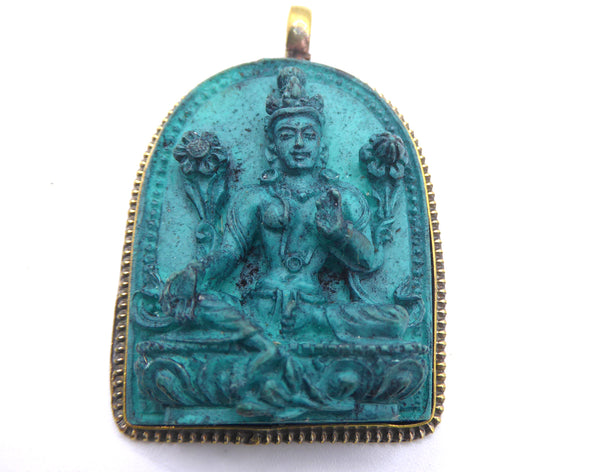 Handmade Turquoise Green Tara Goddess Pendant, large.