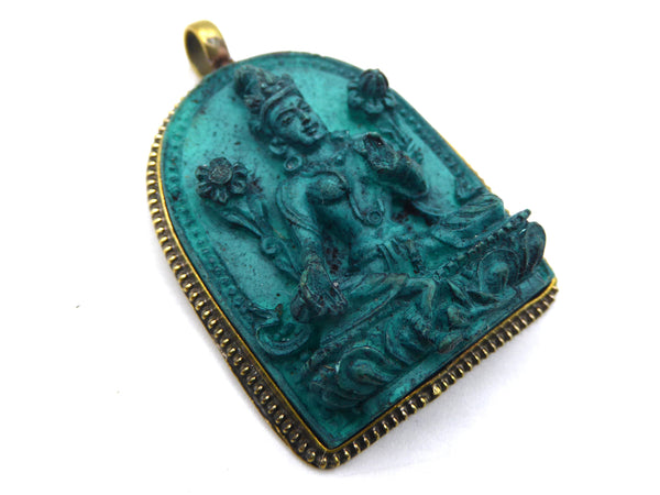 Handmade Turquoise Green Tara Goddess Pendant, large.