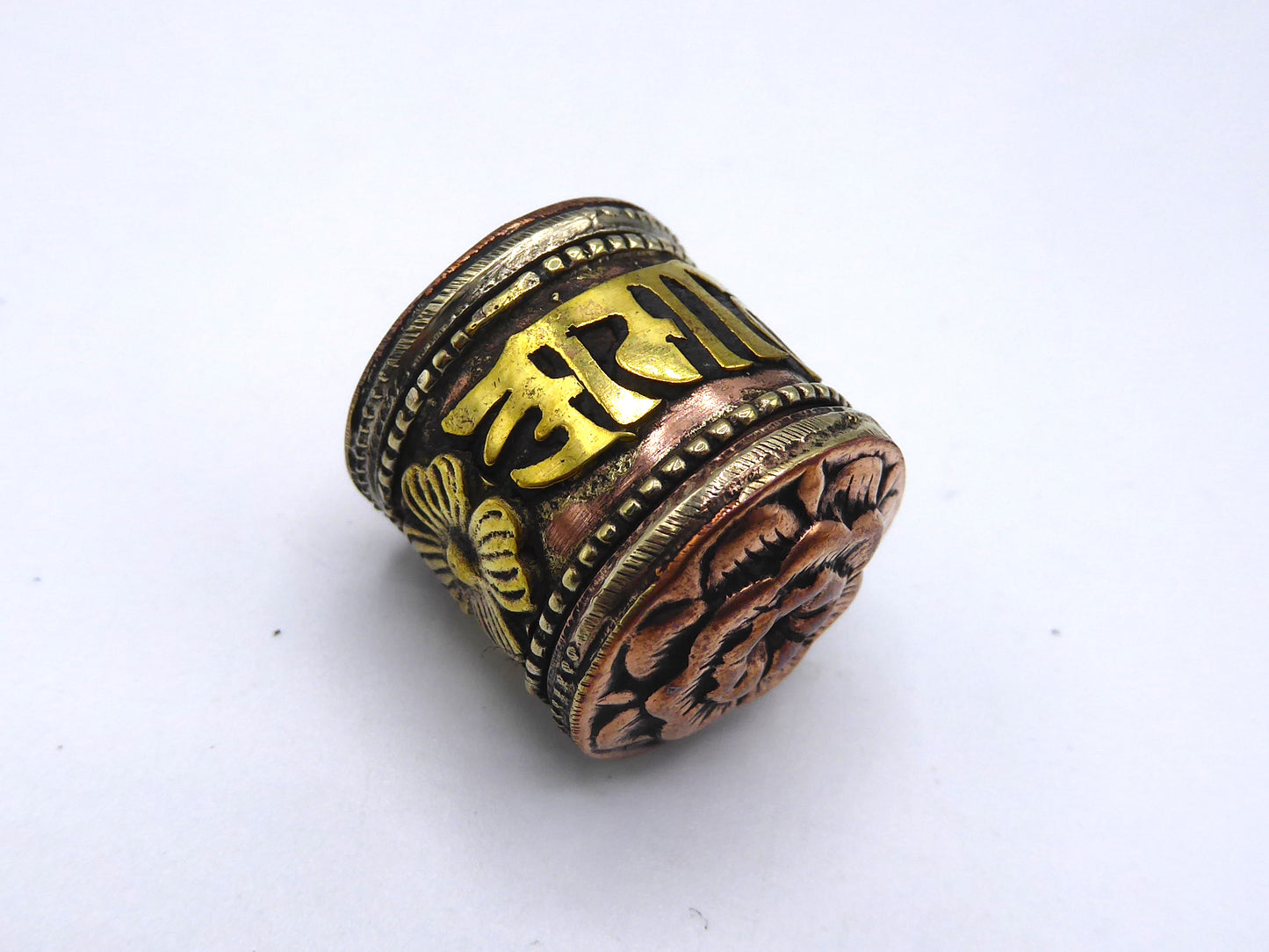 Brass and Copper Om Mani Padme Hum Bead, Prayer Wheel Shaped