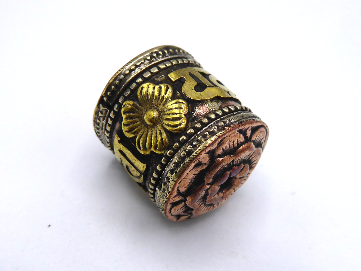 Brass and Copper Om Mani Padme Hum Bead, Prayer Wheel Shaped